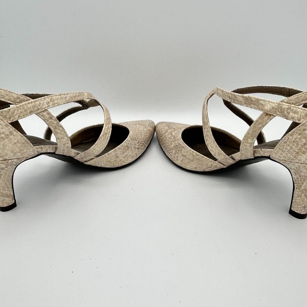 LifeStride Flex Seamless Beige Faux Snakeskin Heels Crisscross Strap 8.5 Pointed - Picture 7 of 9